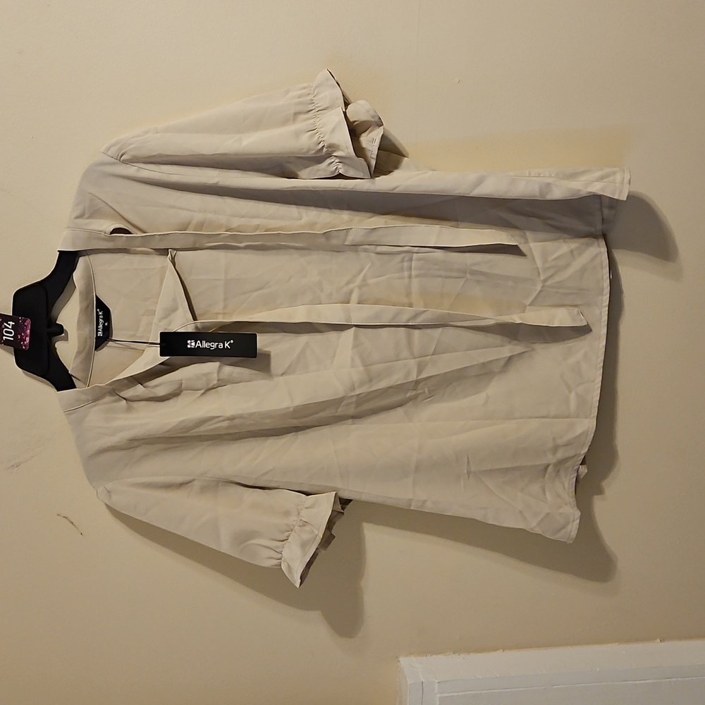 Allegra K Tan Asymetrical Tie Neck Blouse. NWT - Picture 2 of 6